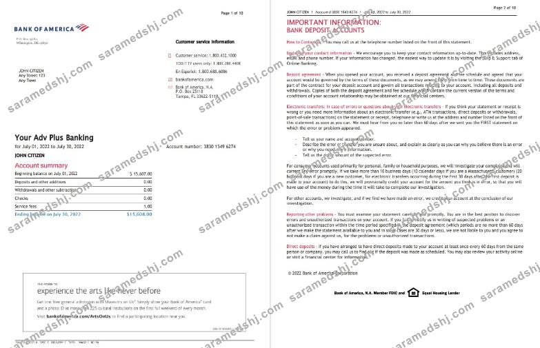 USA Bank of America bank statement Word and PDF template (10 pages), version 5